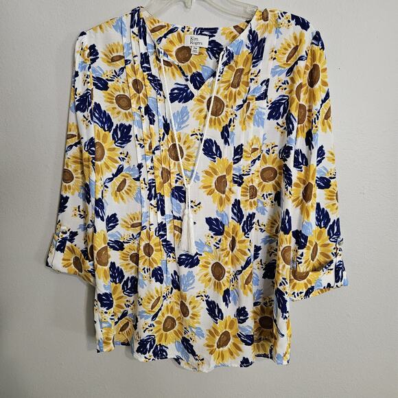 New Kim Rogers Petites Sunflower Tunic Roll Tab Sleeve Pleated Bodice Tassle PM - Picture 1 of 11